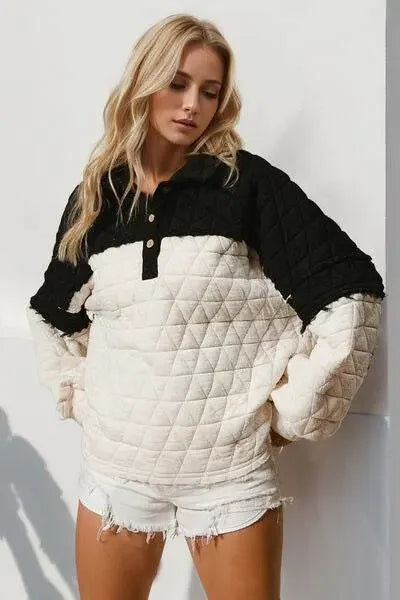 Double Take Quarter Button Contrast Quilted Sweatshirt - IVORYNN