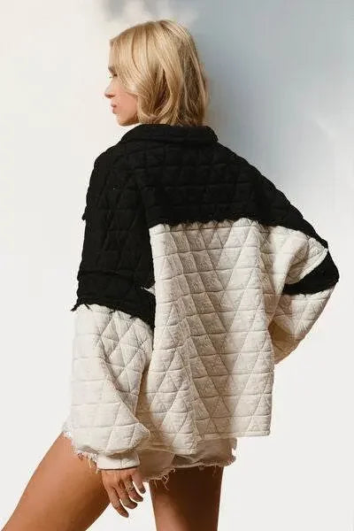 Double Take Quarter Button Contrast Quilted Sweatshirt - IVORYNN