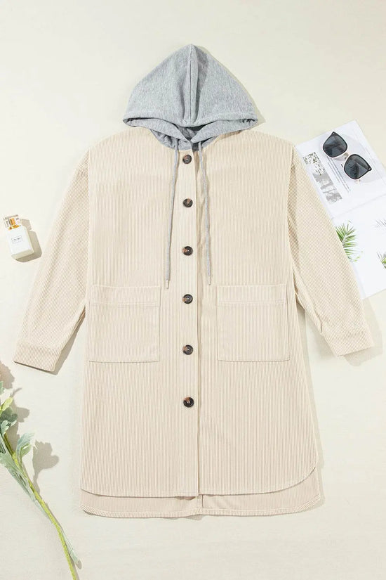 Drawstring Button Up Long Sleeve Hooded Jacket - IVORYNN