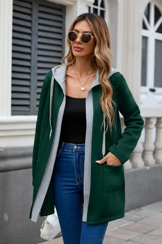 Drawstring Long Sleeve Hooded Jacket - IVORYNN