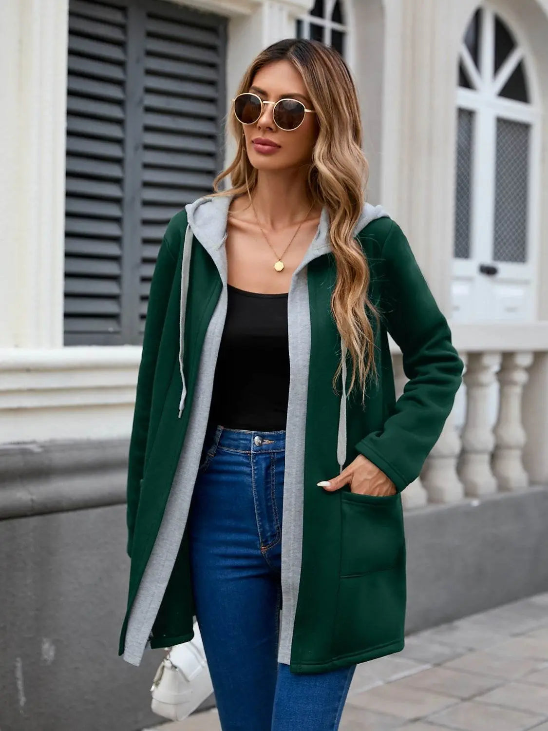 Drawstring Long Sleeve Hooded Jacket - IVORYNN
