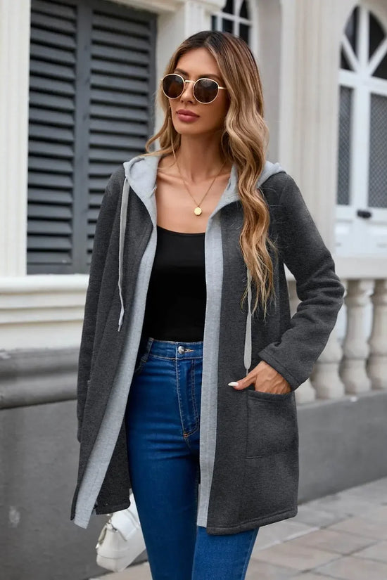 Drawstring Long Sleeve Hooded Jacket - IVORYNN