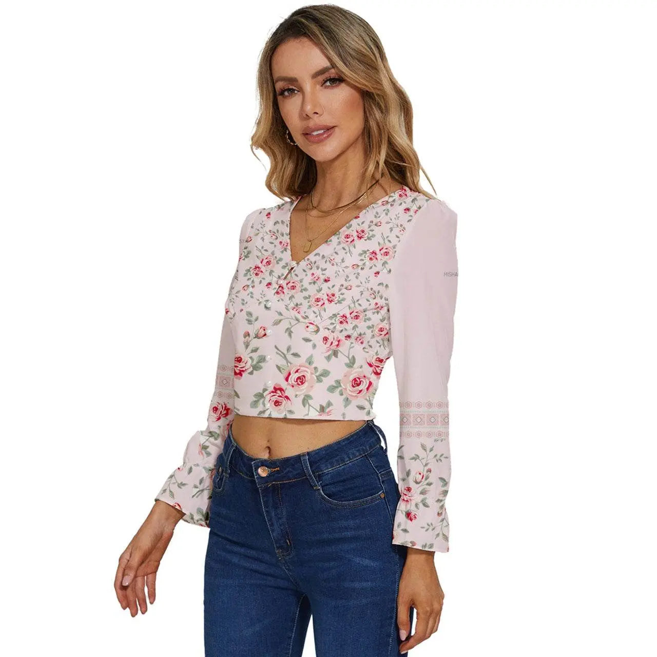 Dressy Floral Long Sleeve Linen V-Neck Top - IVORYNN