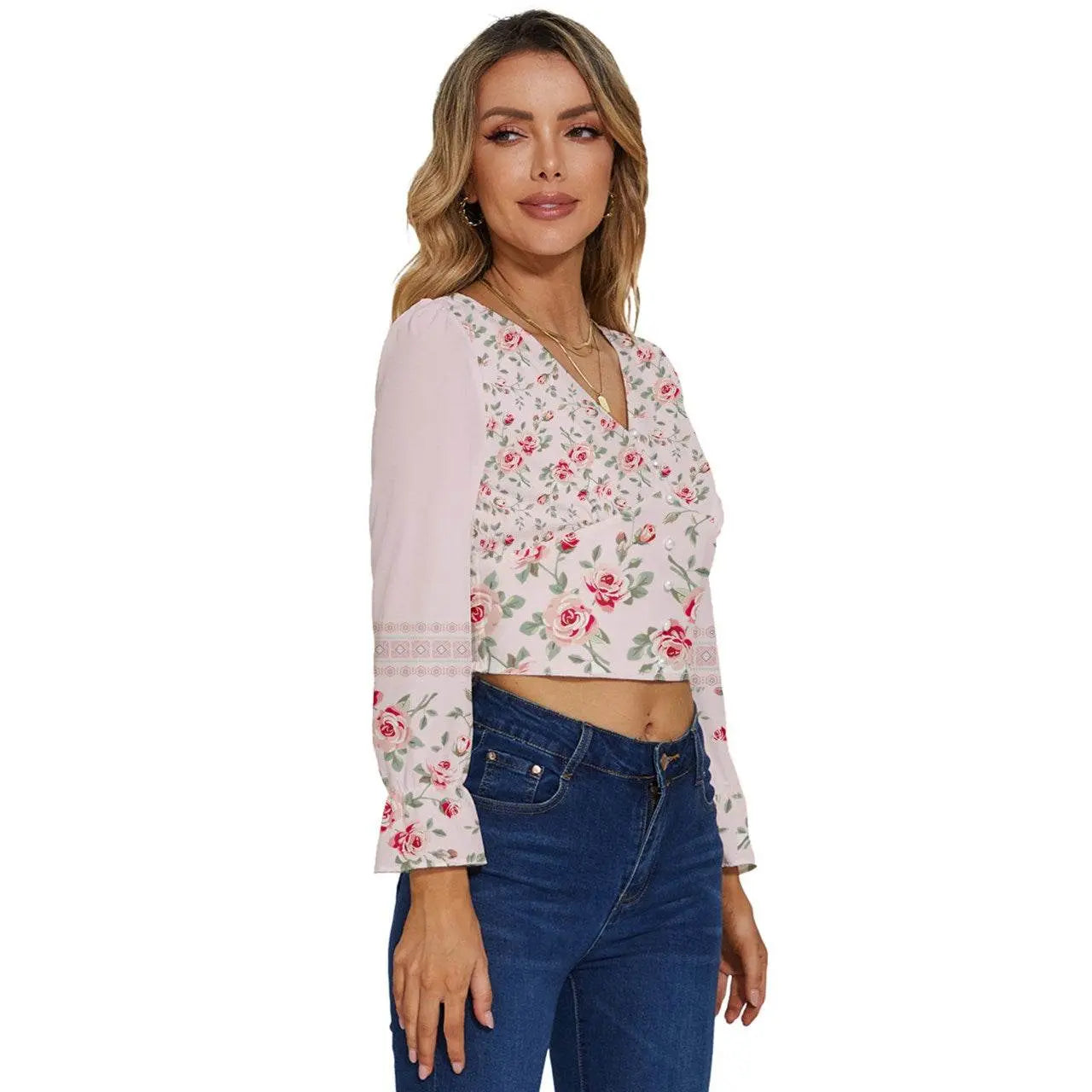 Dressy Floral Long Sleeve Linen V-Neck Top - IVORYNN