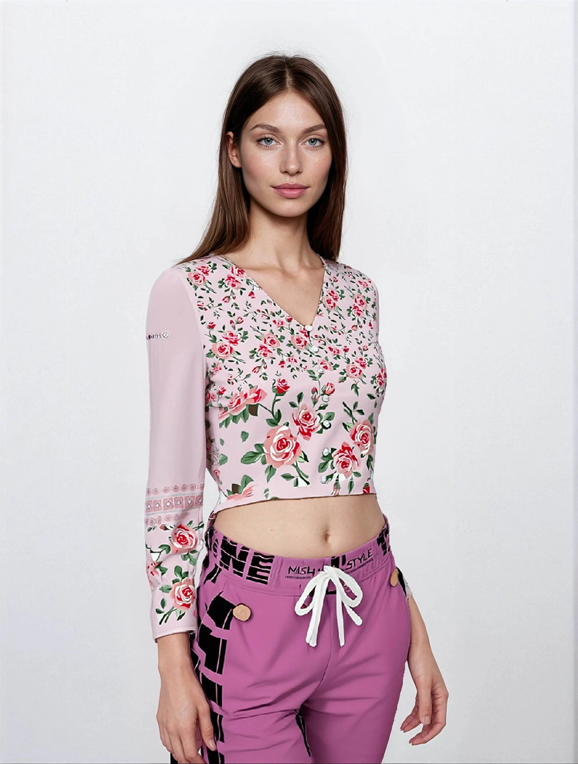 Dressy Floral Long Sleeve Linen V-Neck Top - IVORYNN