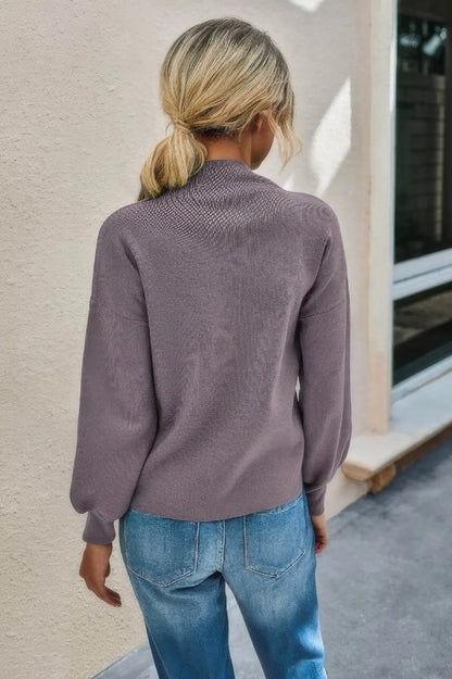 Drop Shoulder Solid Mock Neck Knitted Sweater - IVORYNN