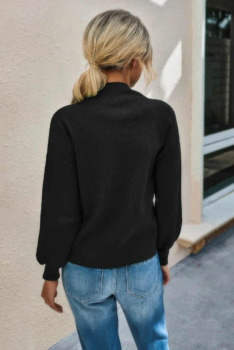 Drop Shoulder Solid Mock Neck Knitted Sweater - IVORYNN