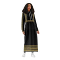 Woman modeling elegant black long hoodie dress with gold patterns from Ivorynn fashion