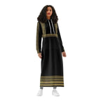 Woman modeling elegant black long hoodie dress with gold patterns from Ivorynn fashion