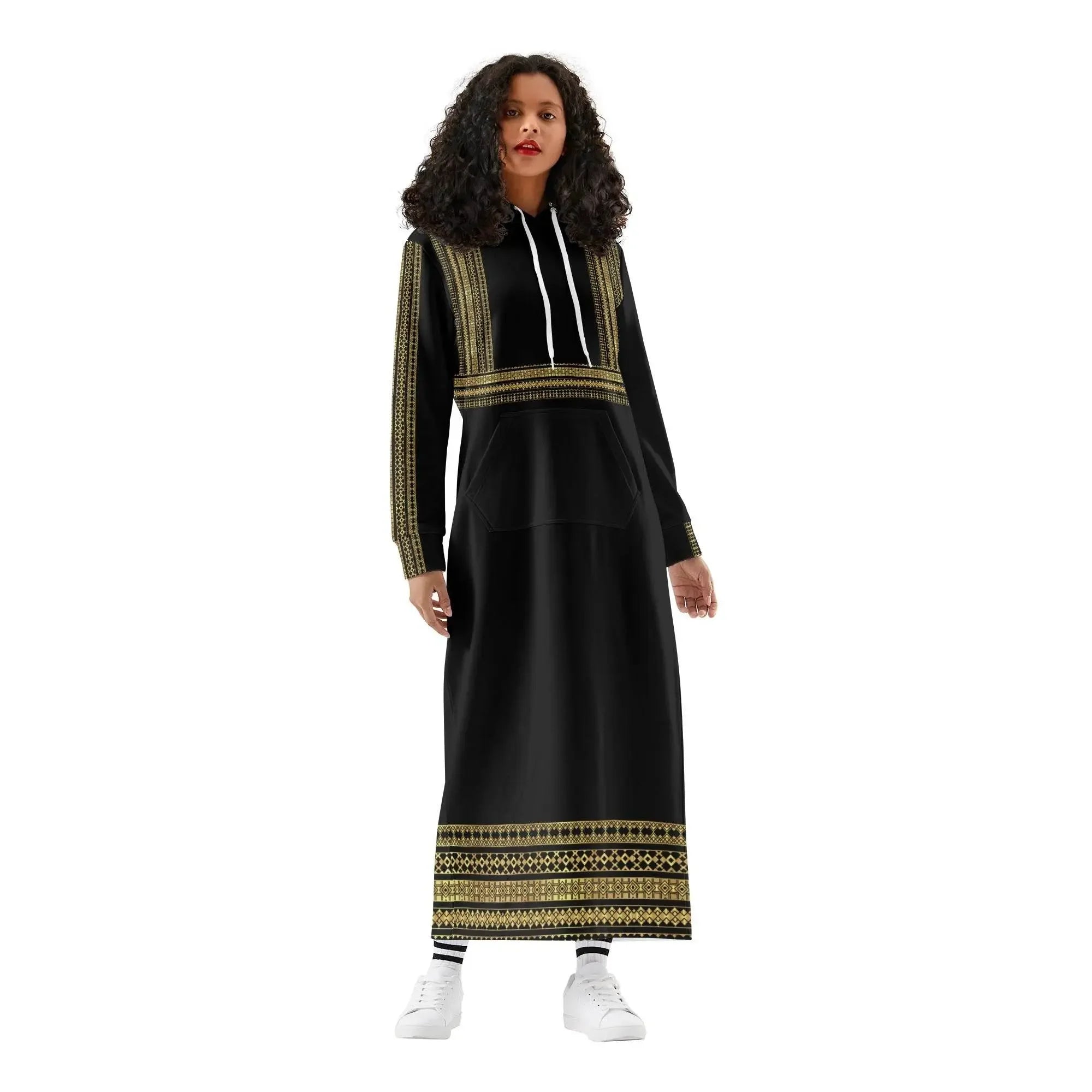 Woman modeling elegant black long hoodie dress with gold patterns from Ivorynn fashion
