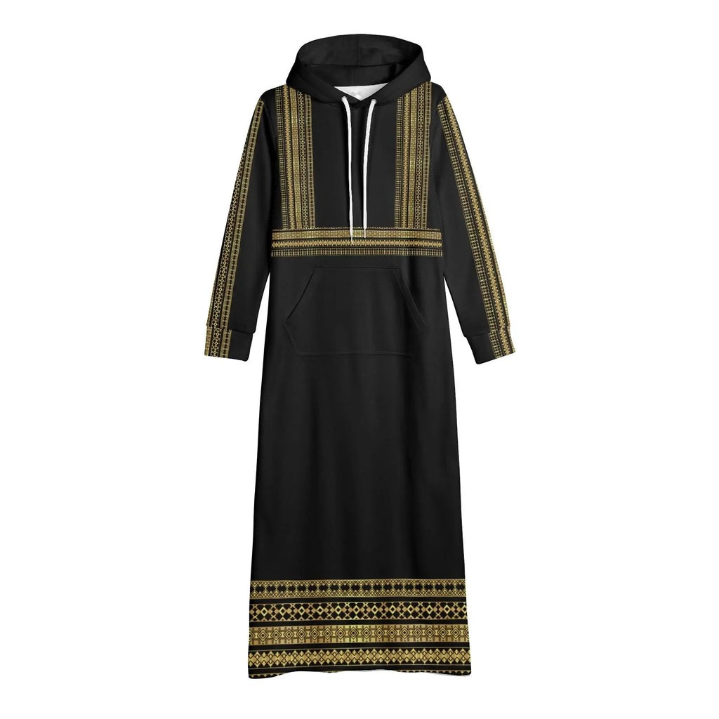 Elegant black long hoodie dress with gold patterns, women's casual fashion at Ivorynn