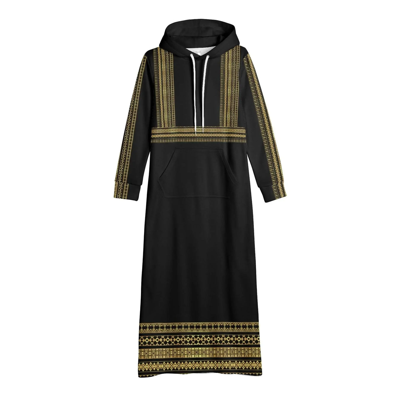 Elegant black long hoodie dress with gold patterns, women's casual fashion at Ivorynn