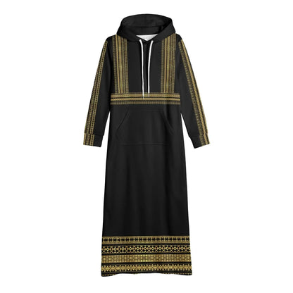 Elegant black long hoodie dress with gold patterns, women's casual fashion at Ivorynn
