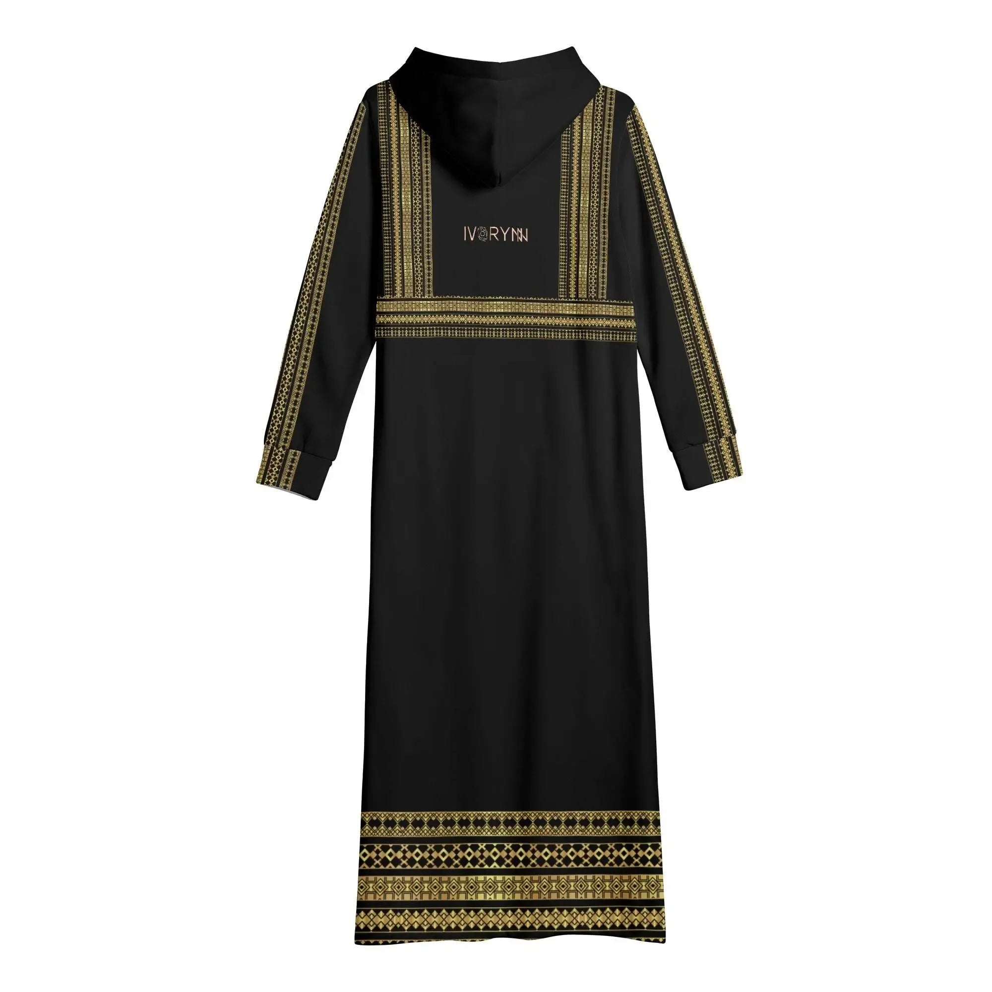 Elegant black long hoodie dress with gold geometric trim and IVORYNN logo, modern women’s fashion