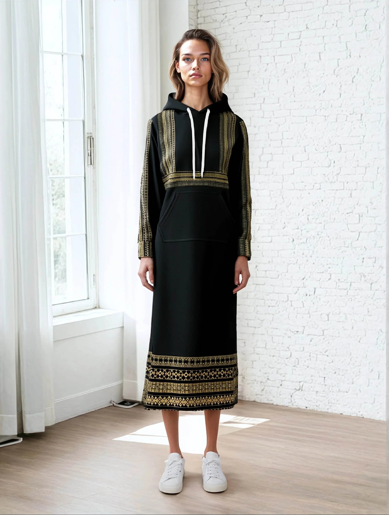 Woman in elegant black long hoodie dress with gold patterns, Ivorynn modern casual fashion
