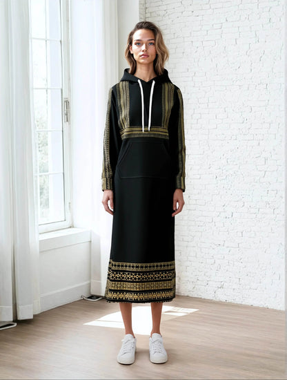 Woman in elegant black long hoodie dress with gold patterns, Ivorynn modern casual fashion