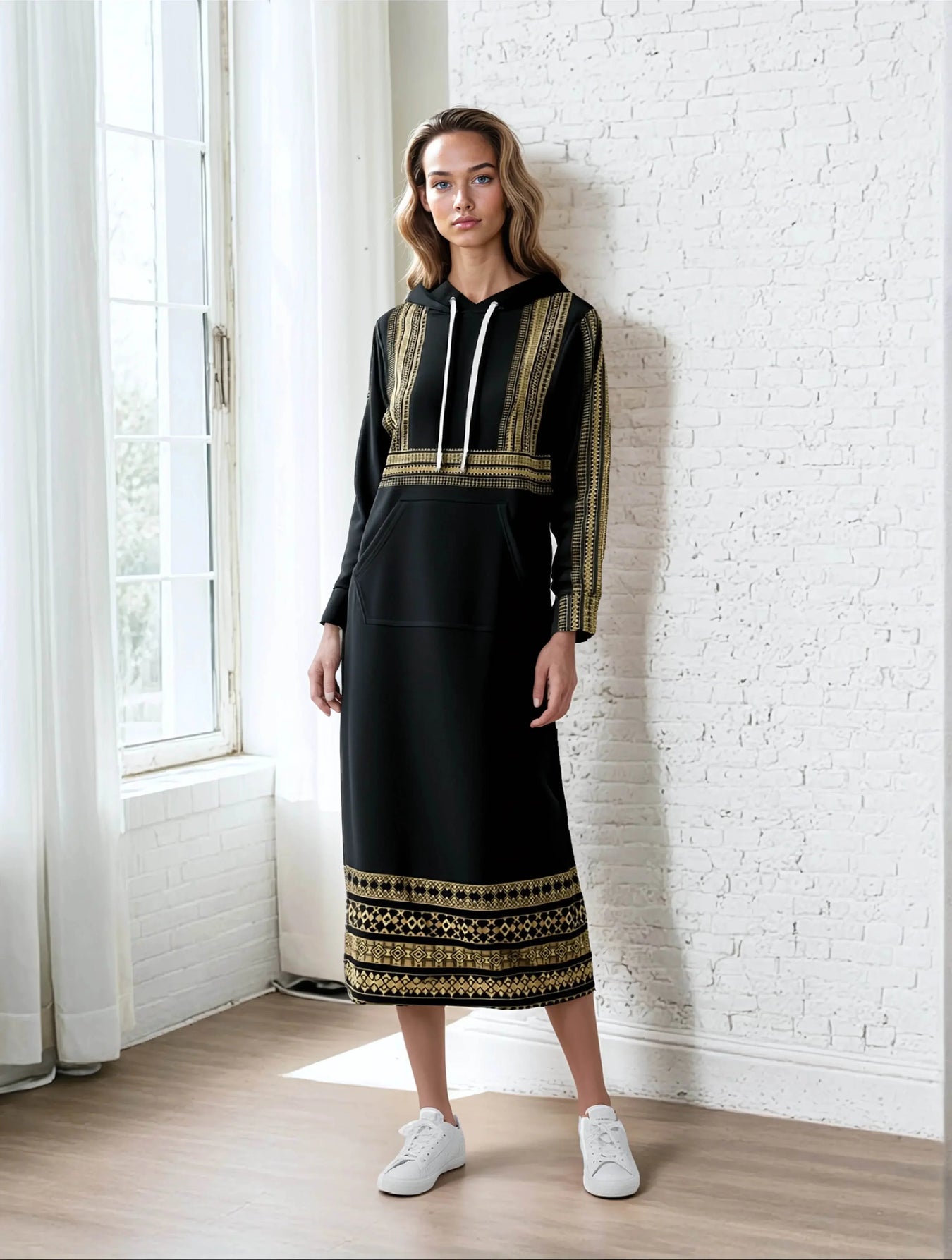 Woman wearing elegant black casual long hoodie dress with gold pattern, Ivorynn fashion
