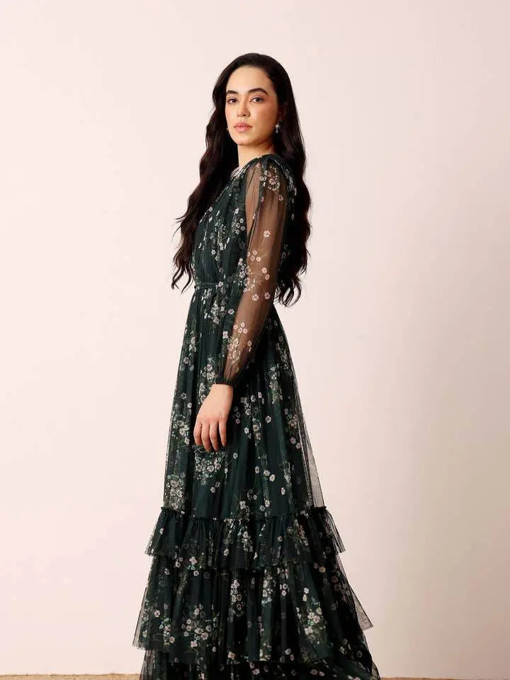 Elegant Emerald Floral Long Sleeve Maxi Dress - IVORYNN