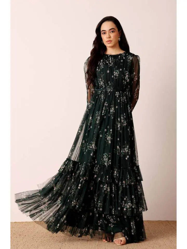Elegant Emerald Floral Long Sleeve Maxi Dress - IVORYNN
