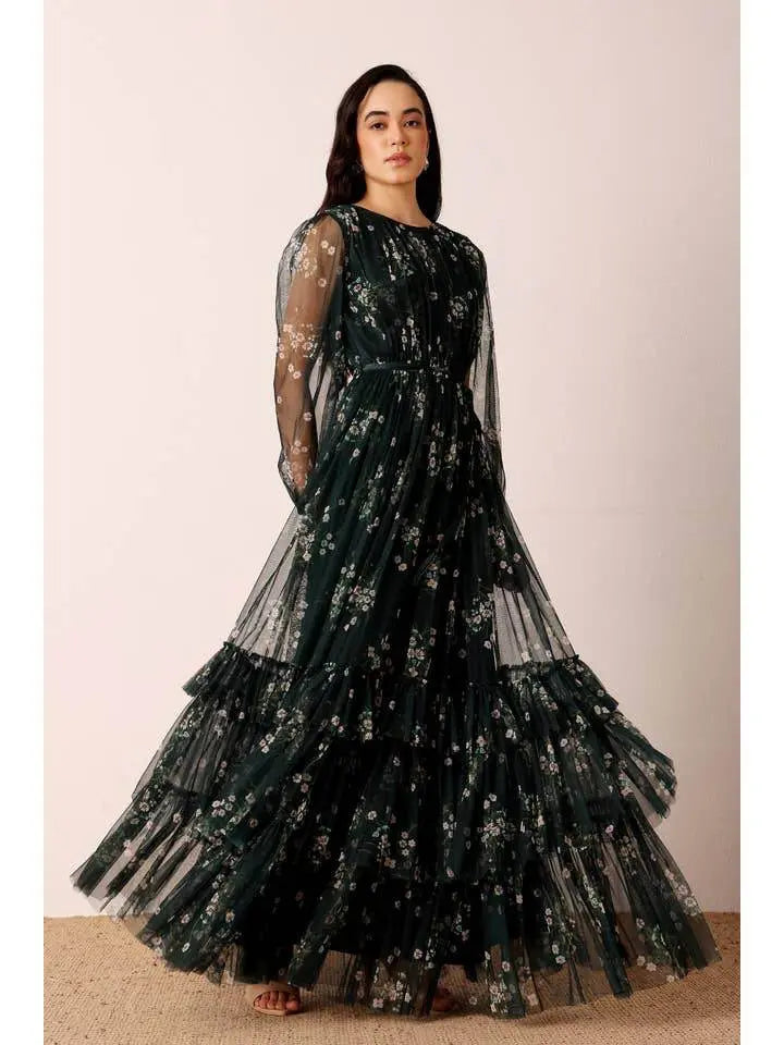 Elegant Emerald Floral Long Sleeve Maxi Dress - IVORYNN