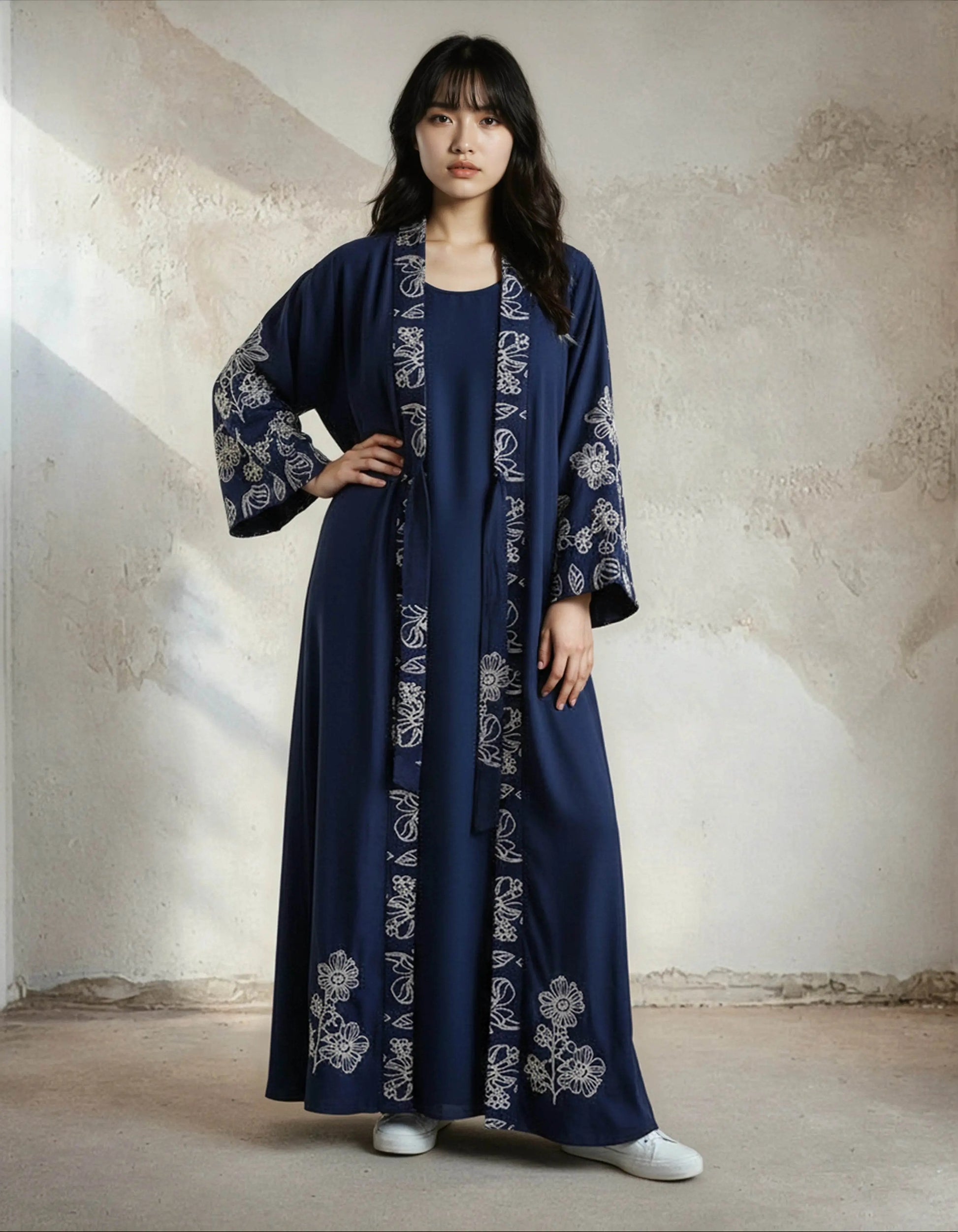 Elegant Floral Embroidered Abaya With Belt - IVORYNN