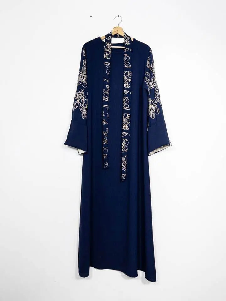 Elegant Floral Embroidered Abaya With Belt - IVORYNN