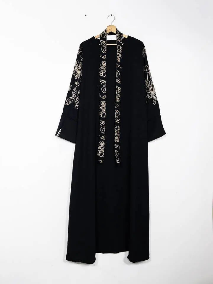 Elegant Floral Embroidered Abaya With Belt - IVORYNN