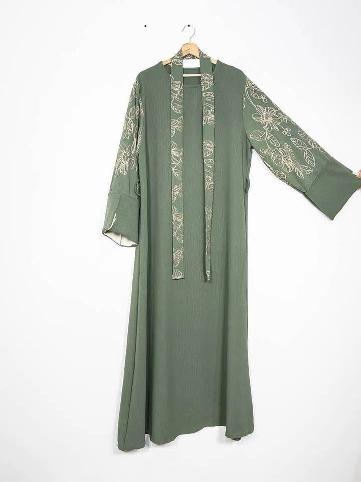 Elegant Floral Embroidered Abaya With Belt - IVORYNN
