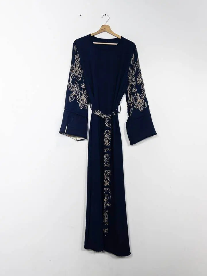 Elegant Floral Embroidered Abaya With Belt - IVORYNN