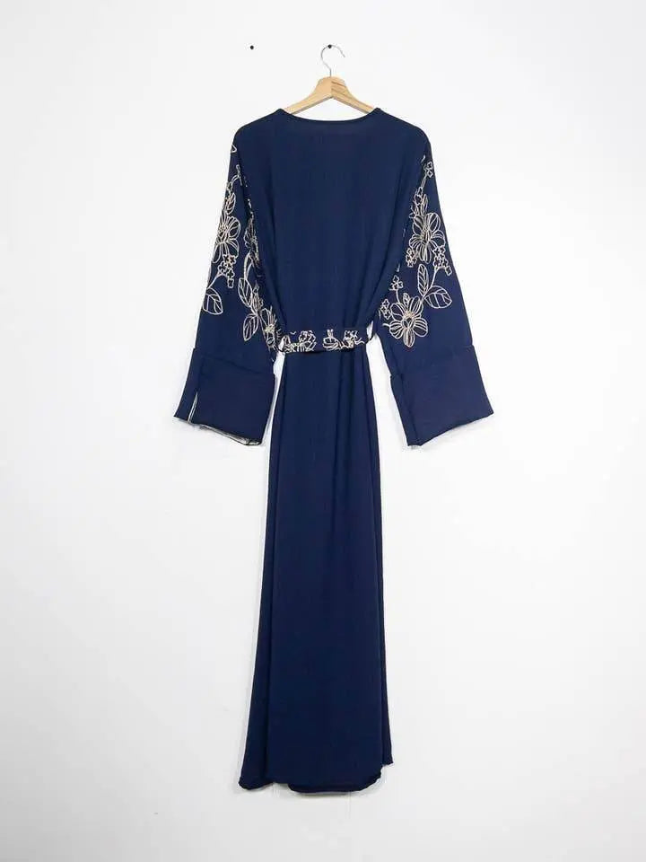 Elegant Floral Embroidered Abaya With Belt - IVORYNN