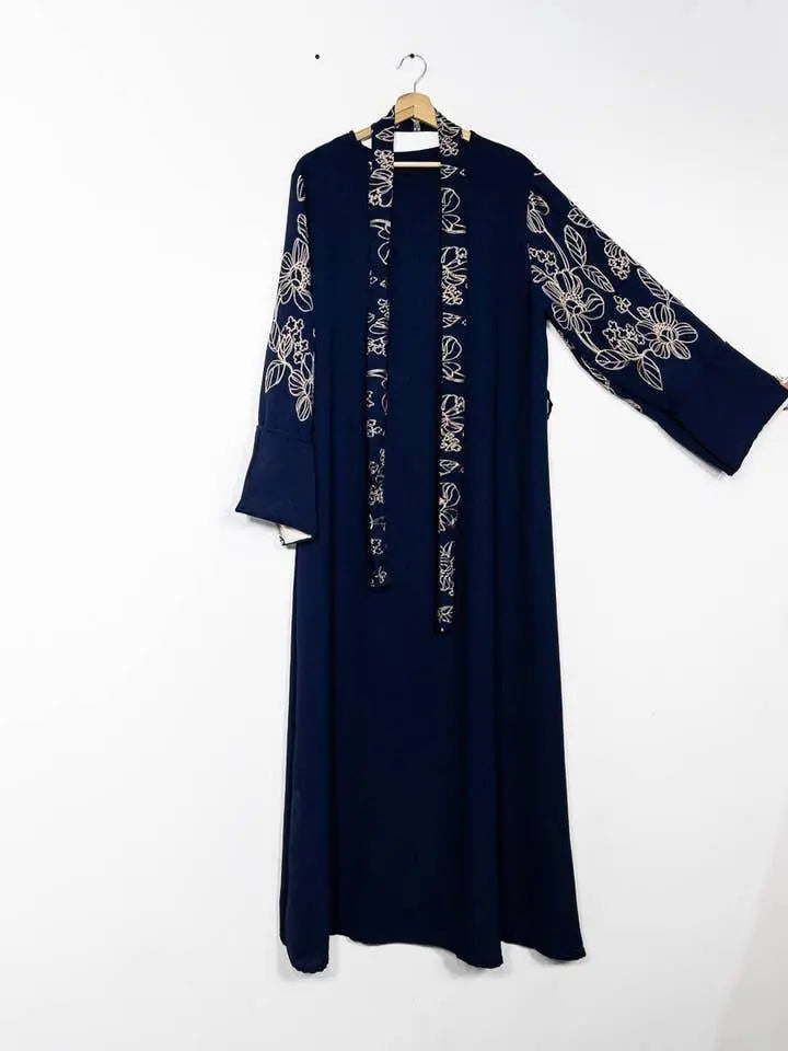 Elegant Floral Embroidered Abaya With Belt - IVORYNN