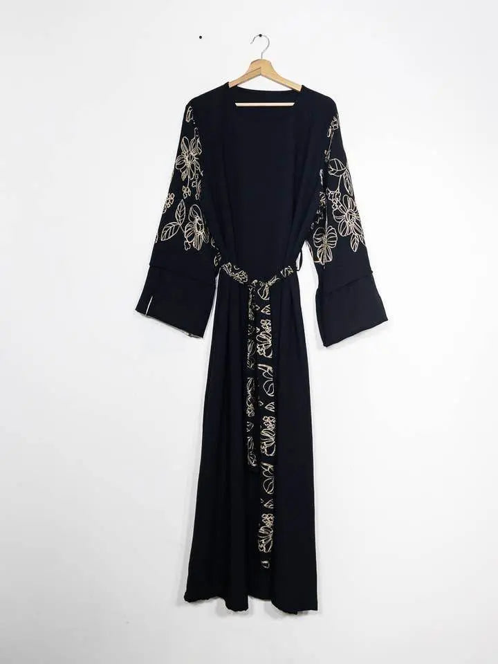 Elegant Floral Embroidered Abaya With Belt - IVORYNN