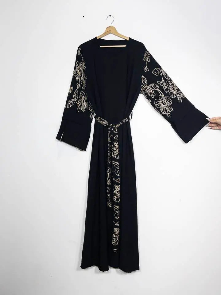 Elegant Floral Embroidered Abaya With Belt - IVORYNN