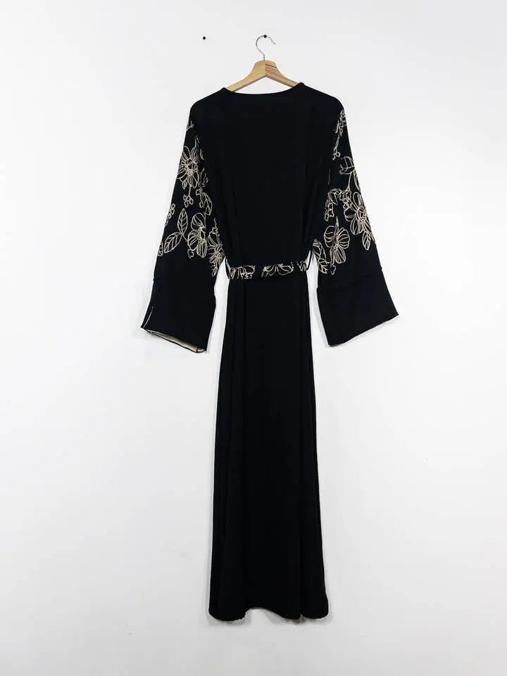 Elegant Floral Embroidered Abaya With Belt - IVORYNN