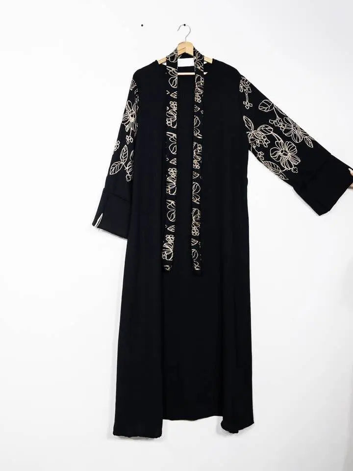 Elegant Floral Embroidered Abaya With Belt - IVORYNN