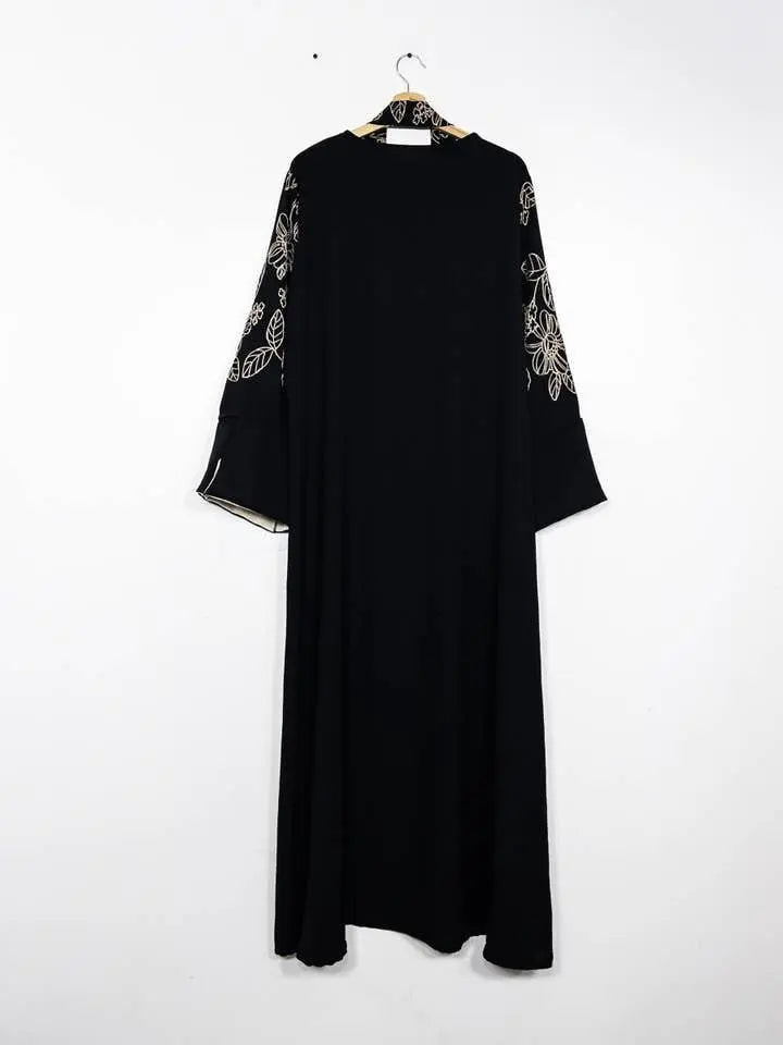 Elegant Floral Embroidered Abaya With Belt - IVORYNN