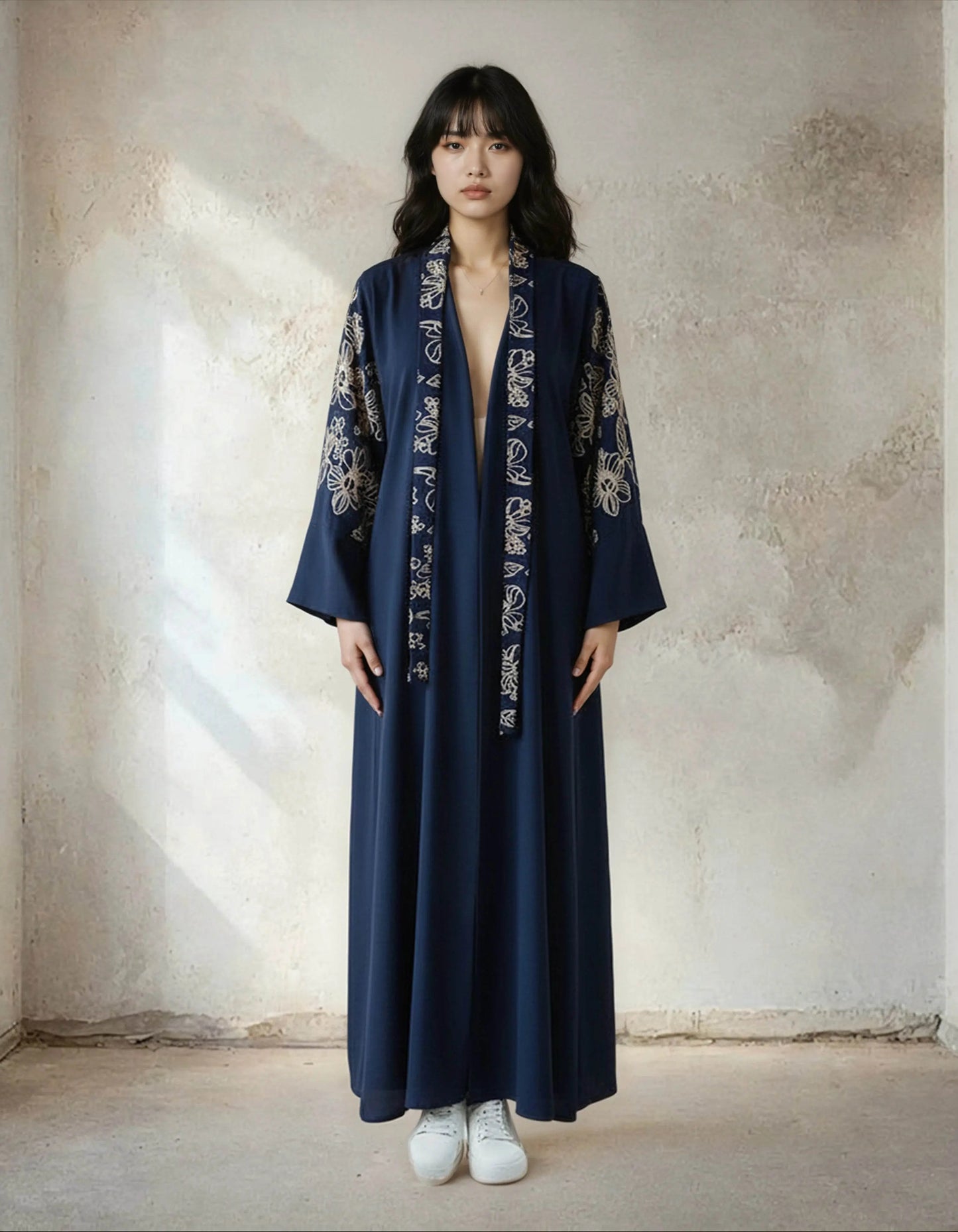 Elegant Floral Embroidered Abaya With Belt - IVORYNN