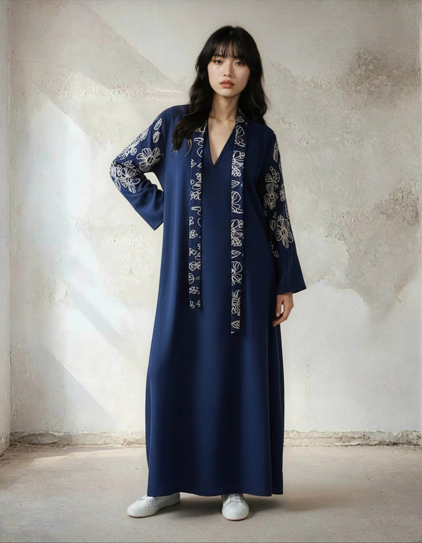 Elegant Floral Embroidered Abaya With Belt - IVORYNN