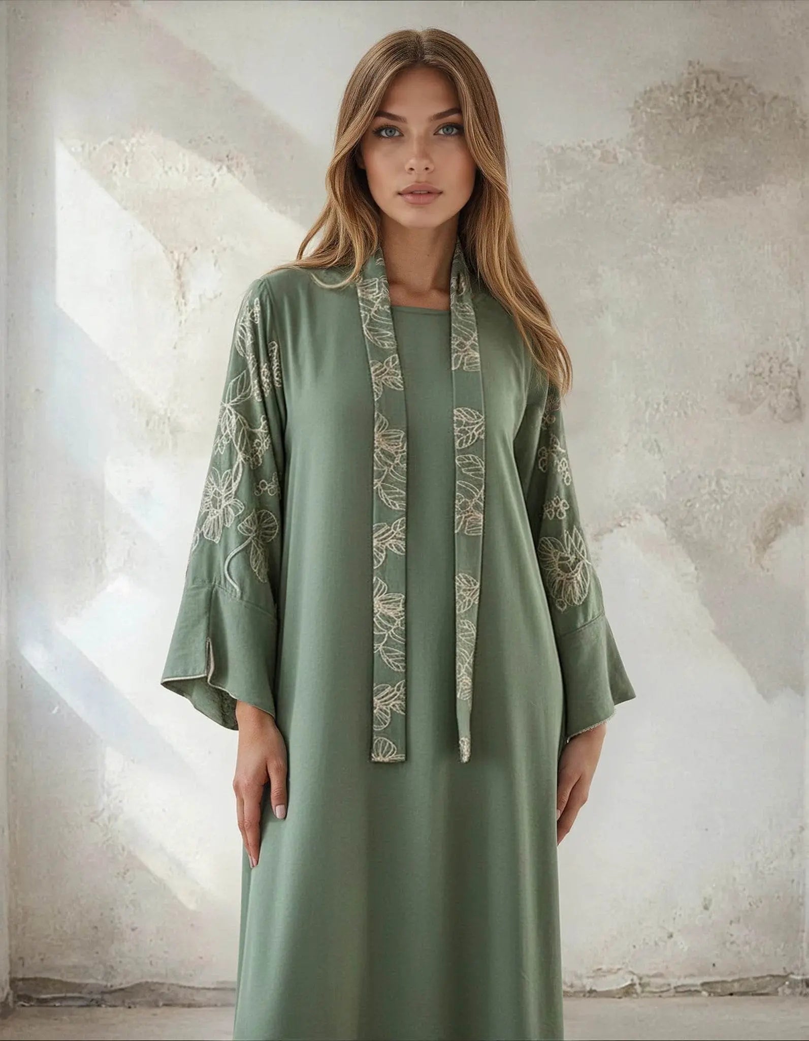 Elegant Floral Embroidered Abaya With Belt - IVORYNN
