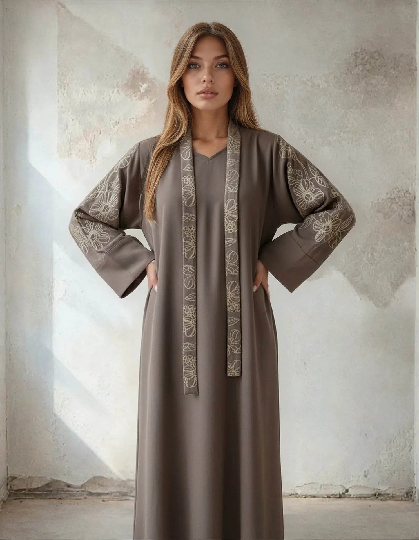 Elegant Floral Embroidered Abaya With Belt - IVORYNN