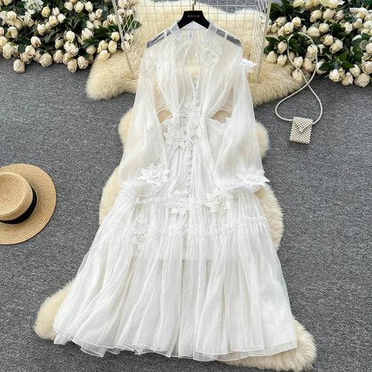 Elegant Floral Embroidery Sash Tie Chiffon Dress