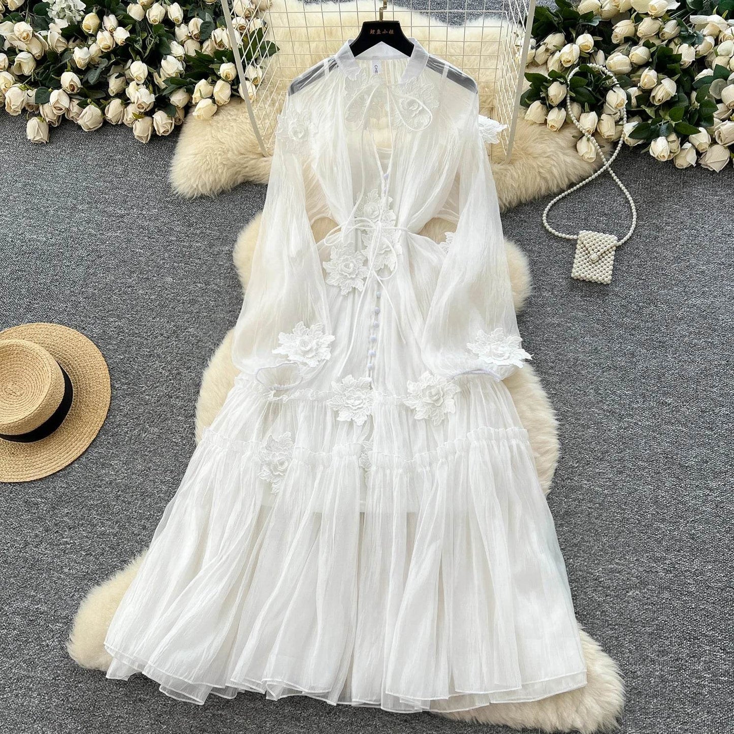 Elegant Floral Embroidery Sash Tie Chiffon Dress - IVORYNN