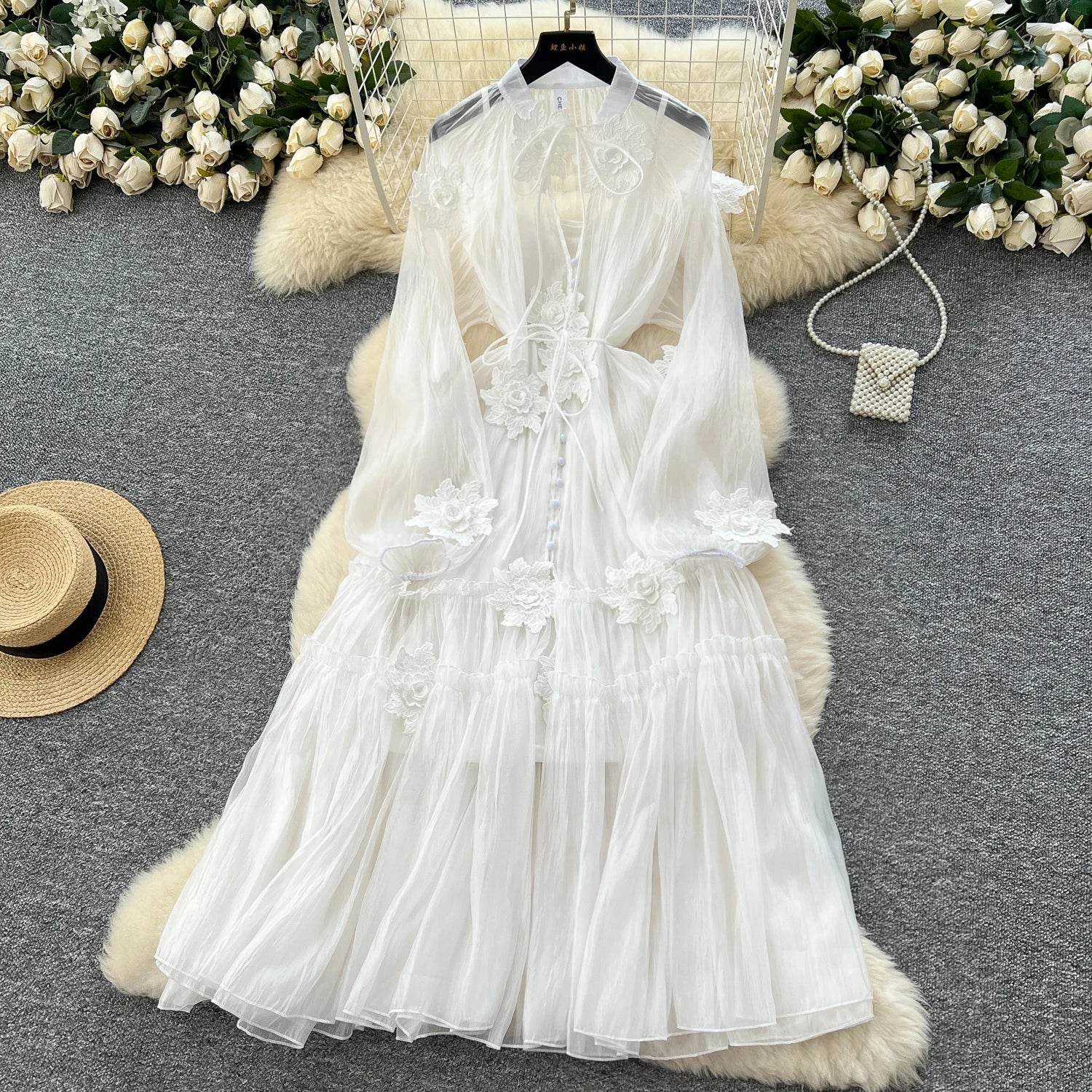 Elegant Floral Embroidery Sash Tie Chiffon Dress - IVORYNN