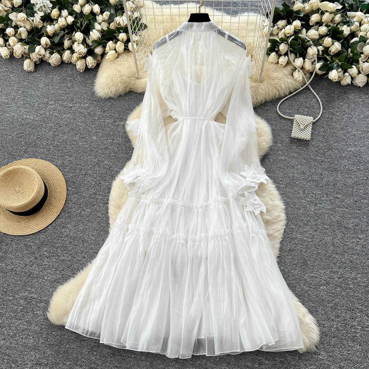 Elegant Floral Embroidery Sash Tie Chiffon Dress - IVORYNN