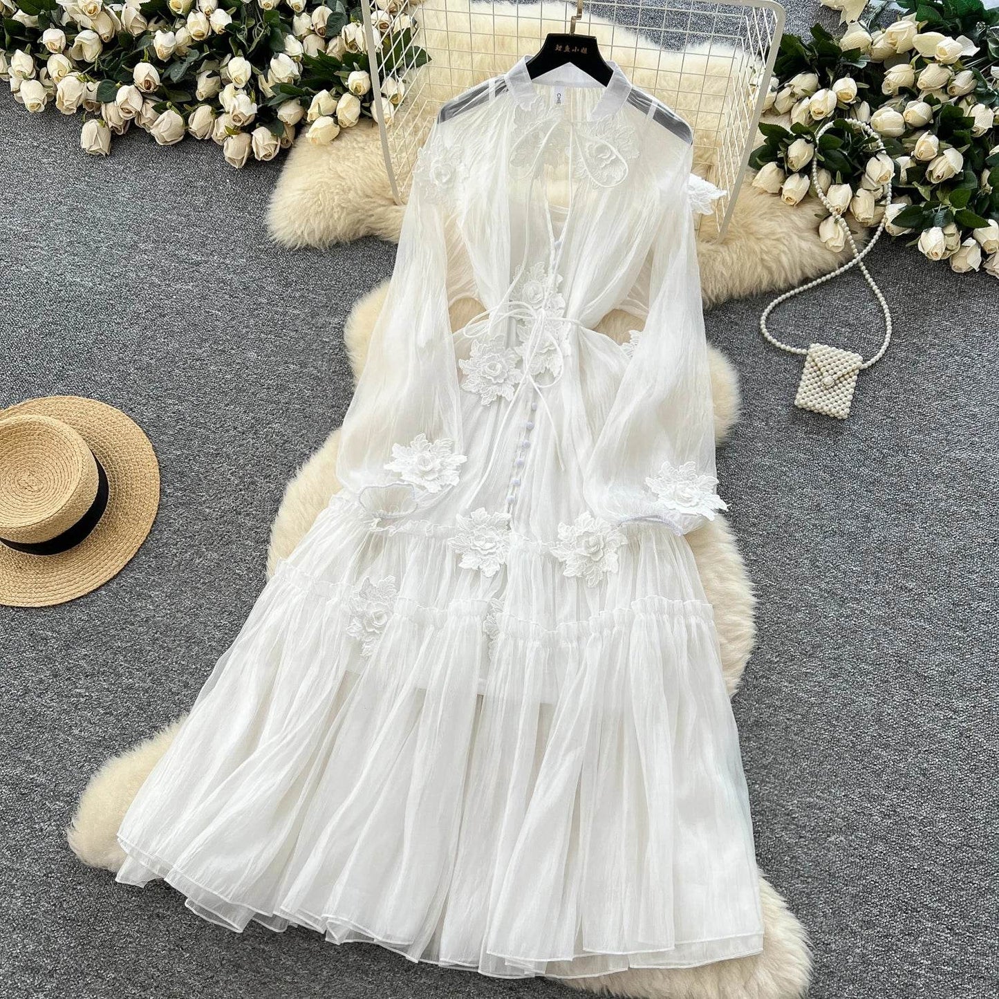 Elegant Floral Embroidery Sash Tie Chiffon Dress - IVORYNN