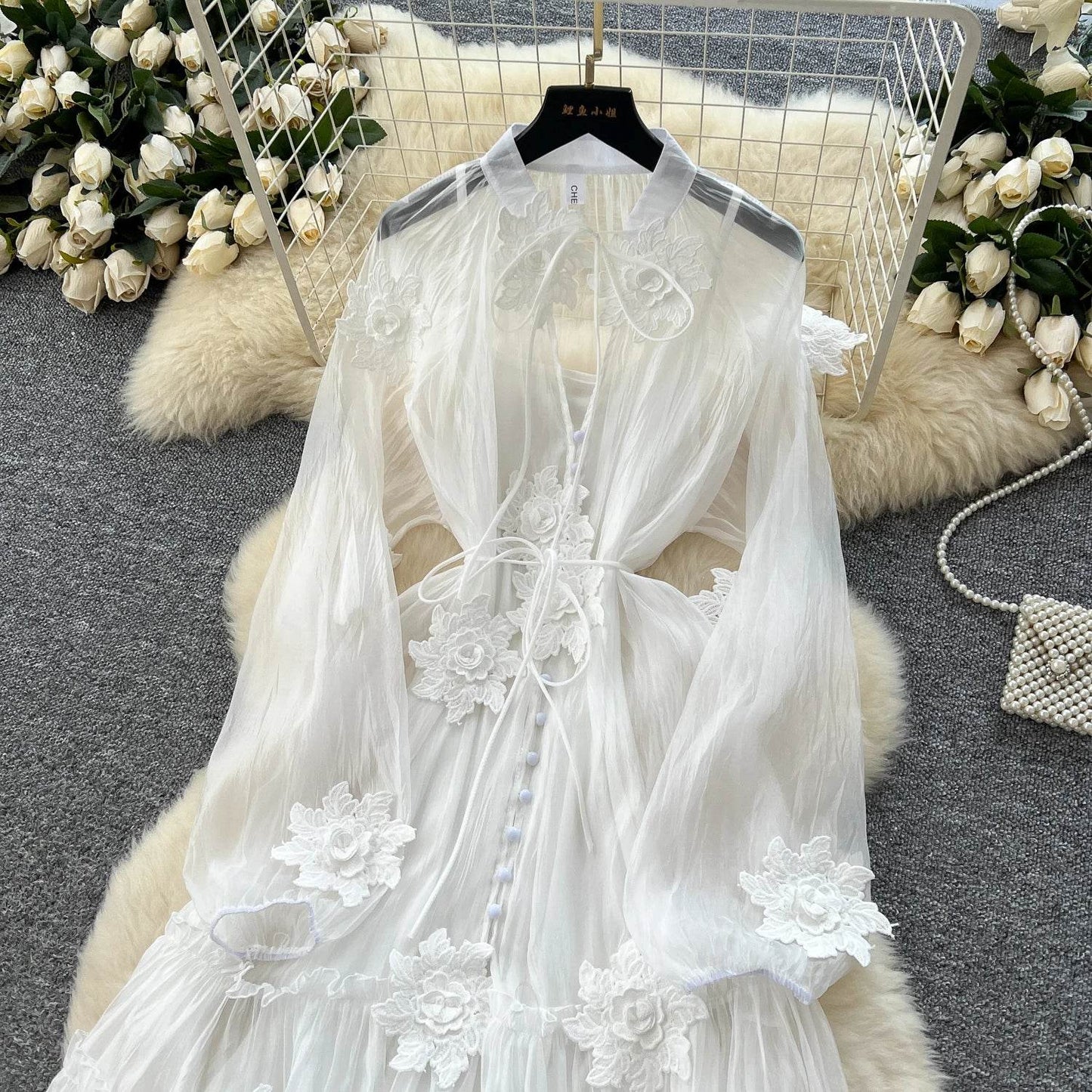 Elegant Floral Embroidery Sash Tie Chiffon Dress - IVORYNN