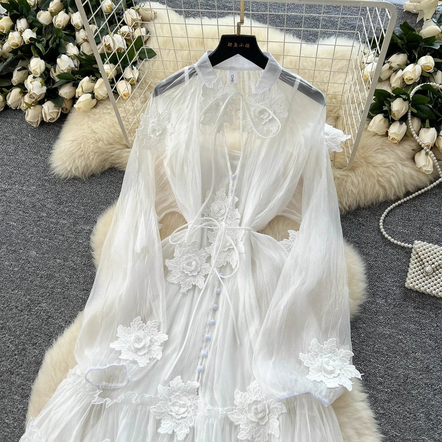 Elegant Floral Embroidery Sash Tie Chiffon Dress - IVORYNN