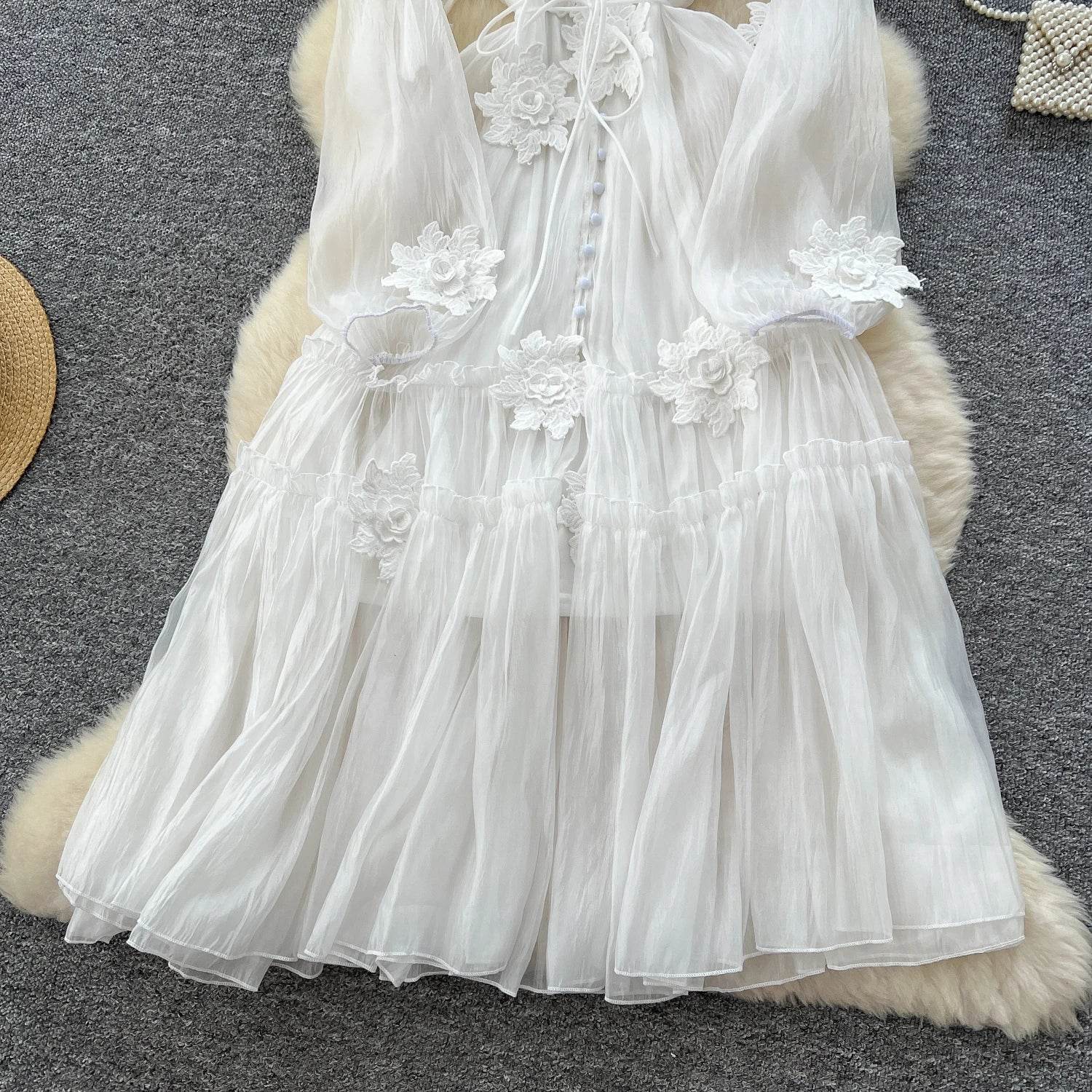 Elegant Floral Embroidery Sash Tie Chiffon Dress - IVORYNN