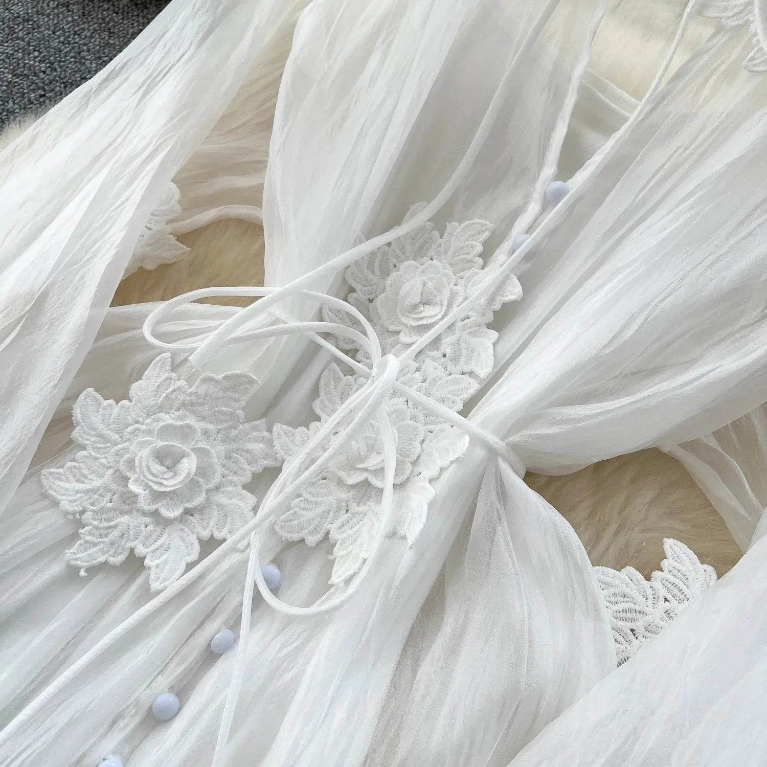 Elegant Floral Embroidery Sash Tie Chiffon Dress - IVORYNN