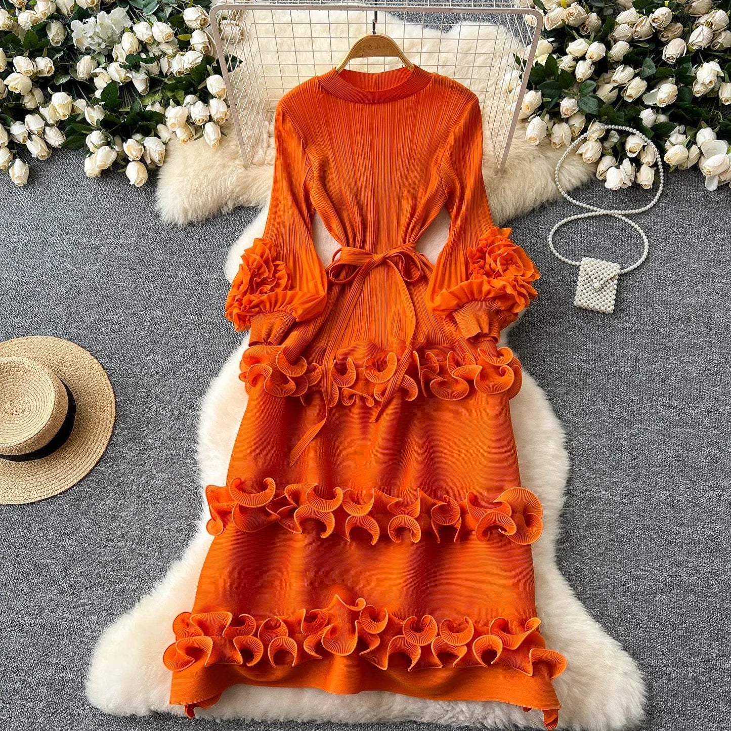 Elegant Flower Lantern Sleeve Lace Pleated Dresses - IVORYNN